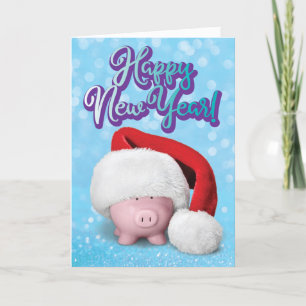 Cute Piggy Bank met Santa Hat New Year Card Kaart