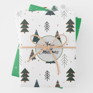 Cute-pijnboompatroon witte en groene sneeuwvlokken inpakpapier vel