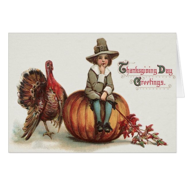 Cute Pilgrim Turkey Pumpkin Fall Leaves (Voorkant Horizontaal)