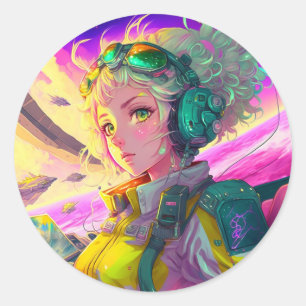 Cute Pilot Anime Girl Ronde Sticker