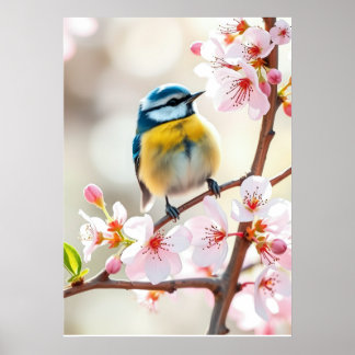 Cute Pimpelmees op appelboom in bloei Poster