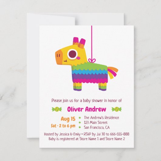 Cute Pinata Candy Fiesta Baby Shower Invitations (Devant)