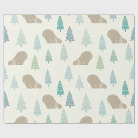 Cute Pine Trees en een bruin Beer Prettige feestda Cadeaupapier (Vlak)