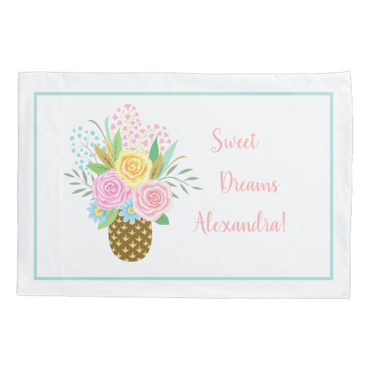 Cute Pineapple Rozen Bouquet Pink Turquoise Kussensloop (Achterkant)