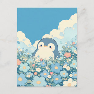 Cute Pinguïn in Pastelkleurige Bloemenweide Briefkaart