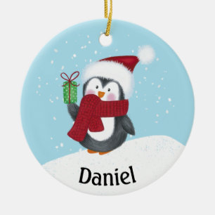 Cute Pinguïn met Naam Kerst Keramiek Ornament