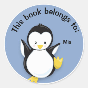 Cute pinguïn op blauwe boeknaamplaat sticker