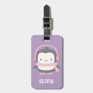 Cute Pinguïn Paarse Meisjes Gepersonaliseerd Paars Bagagelabel