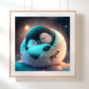 Cute Pinguïn slapende Sterren Maan Kunst Kinderkam Poster