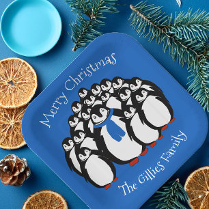 Cute Pinguïnfamilie Kerst Blauwe Feestborden Papieren Bordje