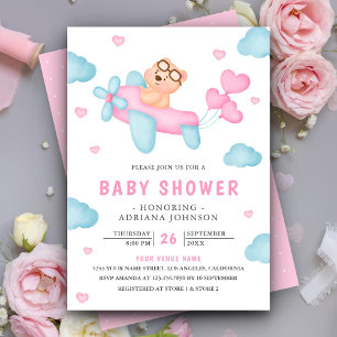 Cute Pink Airplane Girl Teddy Bear Baby shower Kaart
