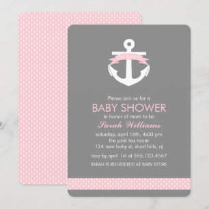 Cute Pink Anchor Nautical Girl Baby shower Kaart