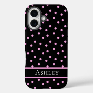 Cute Pink and Black Polka Dot Personalized Name iPhone 16 Hoesje