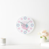 Cute Pink and Blue Flower and Bird Custom Ronde Klok (Huis)