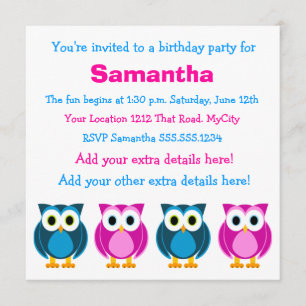Cute Pink and Blue Owl Birthday Invitation Kaart