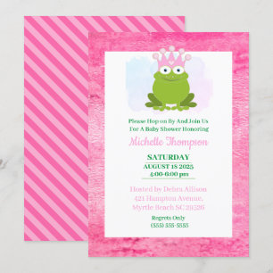 Cute Pink and Green Frog Baby shower Invitation Kaart