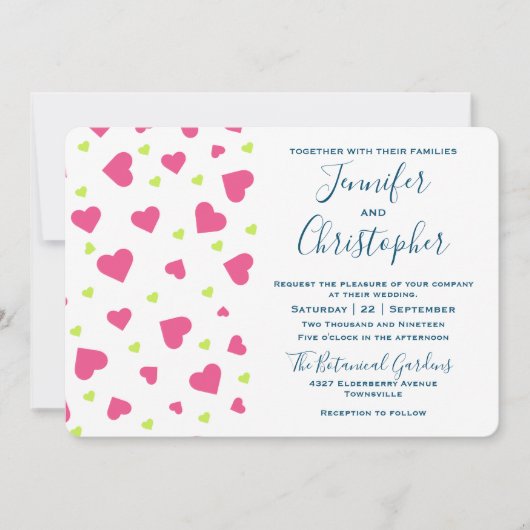 Cute Pink and Green Hearts Pattern Wedding Kaart (Voorkant)
