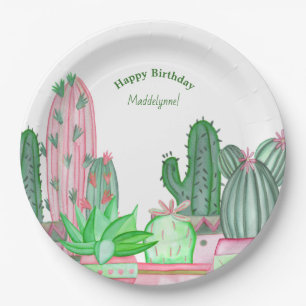 Cute Pink and Green Waterverf Cactus Birthday Pap Papieren Bordje