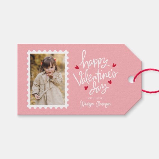 Cute Pink and Red Hearts Photo Valentijnsdag Cadeaulabel (Voorkant (Horizontaal))