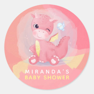Cute Pink and Yellow Dinosaur Baby shower Ronde Sticker