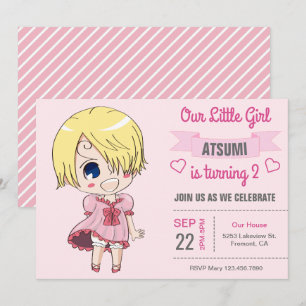 Cute Pink Anime Girl Birthday Party Invitation Kaart