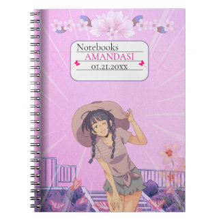Cute-Pink Anime Girl Floral Aesthetic Notebook Notitieboek