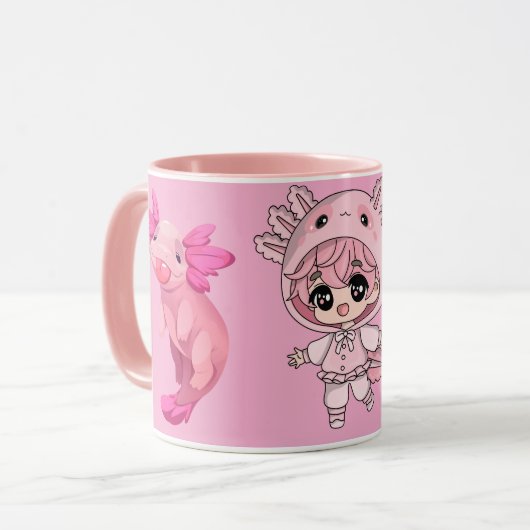 Cute Pink Axolotl Kawaii Chibi Girl Coffee Mug (Devant gauche)