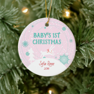 Cute Pink Baby Bunny 1st Kerstmis op maat Keramisch Ornament