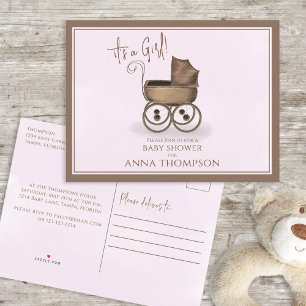 Cute Pink  Baby Carriage Classic Uitnodiging Briefkaart