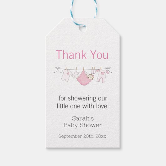 Cute Pink Baby Girl Clothesline Dank je Cadeaulabel (Voorkant)