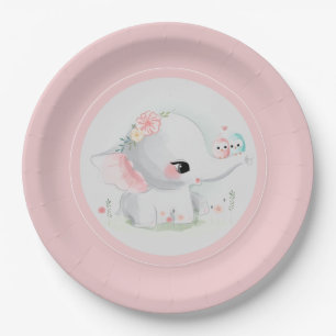 Cute Pink Baby Girl Elephant Paper Borden Papieren Bordje