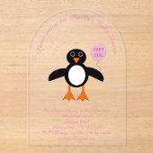 Cute Pink Baby Girl Penguin Aangepast Baby shower Acryl Uitnodigingen (Voorkant)