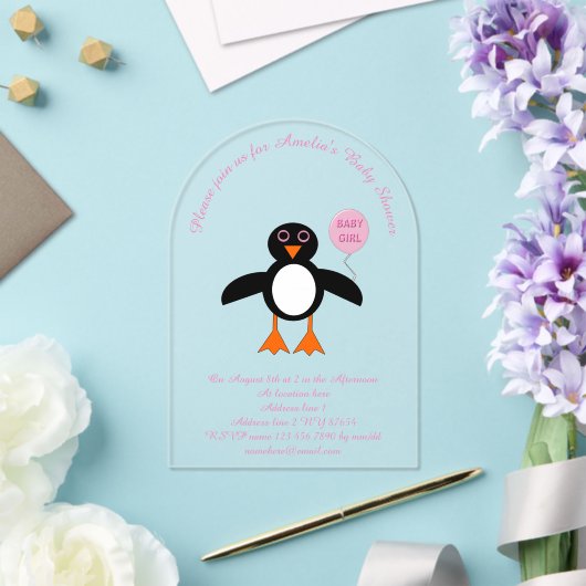 Cute Pink Baby Girl Penguin Aangepast Baby shower Acryl Uitnodigingen (Insitu (Huwelijk))
