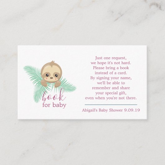 Cute Pink Baby Sloth Book Request Baby shower Informatiekaartje (Voorkant)
