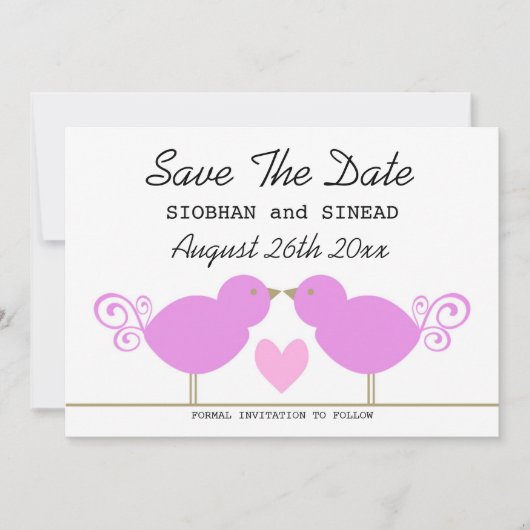 Cute Pink Birds Lesbian Wedding Save the Date (Voorkant)