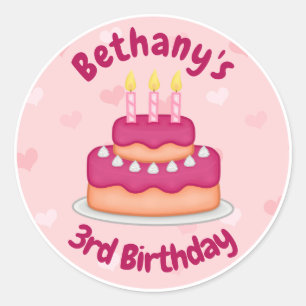 Cute Pink Birthday Cake 3 kaarsen voor 3e verjaard Ronde Sticker