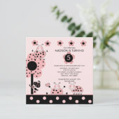 Cute Pink & Black Ladybugs Birthday Invitation Kaart (Staand voorkant)