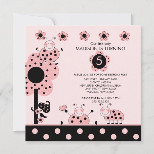 Cute Pink & Black Ladybugs Birthday Invitation Kaart (Voorkant)