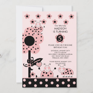 Cute Pink & Black Ladybugs Birthday Invitation Kaart