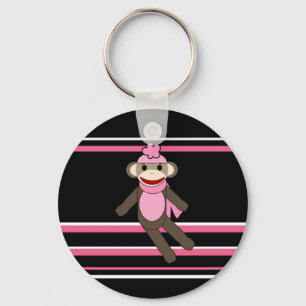 Cute Pink Black Stripe Sock Monkey Girl Flower Pet Sleutelhanger