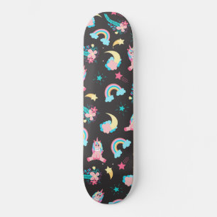 Cute Pink Black Unicorn Rainbow Floral Stars Skateboard