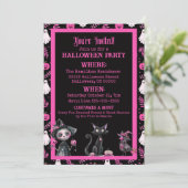 Cute Pink Black White Halloween Party Invitation Kaart (Staand voorkant)