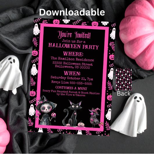 Cute Pink Black White Halloween Party Invitation Kaart