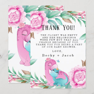 Cute Pink Blauwgroen Dinosaur Baby shower Hartelij Bedankkaart