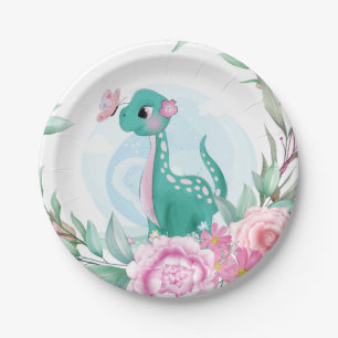 Cute Pink Blauwgroen Dinosaur Butterfly Girl Baby Papieren Bordje