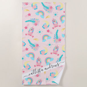 Cute Pink Blauwgroen Unicorn Rainbow Floral Stars Strandlaken