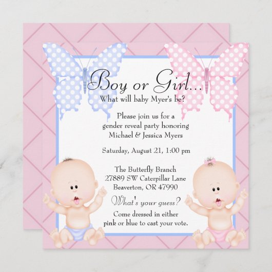 Cute Pink & Blue Butterfly Gender onthullen Invite Kaart (Voorkant / Achterkant)