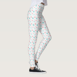 Cute Pink Blue Snowflake Holiday White Leggings