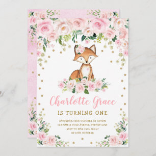 Cute Pink Blush Floral Woodland Fox Girls Birthday Kaart