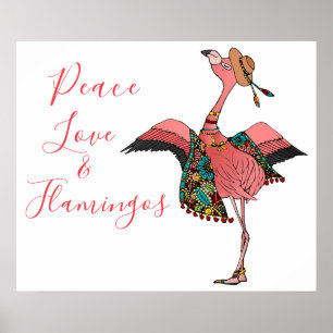Cute Pink Boho Peace Love and Flamingos Inspiratin Poster